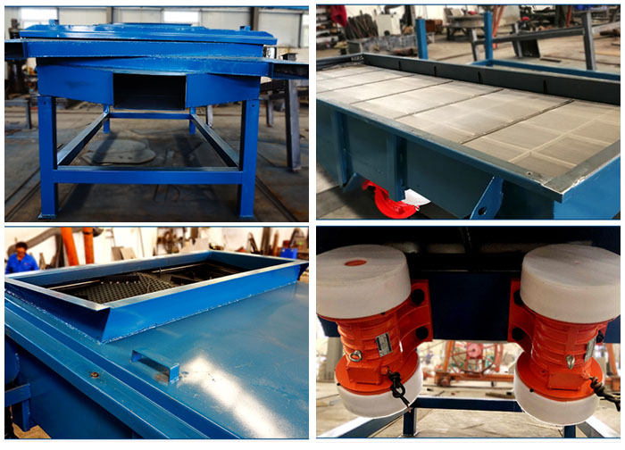 方形振動篩出料口，篩網和網架，進料口，振動電機等細節展示。