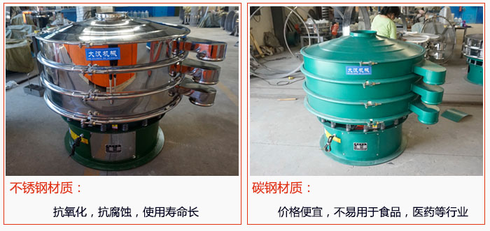 800型振動篩有不銹鋼和碳鋼兩種材質，不銹鋼材質：抗氧化，抗腐蝕，使用壽命長 碳鋼材質：價格便宜，不易篩分食品，化工，醫藥等行業的物料。