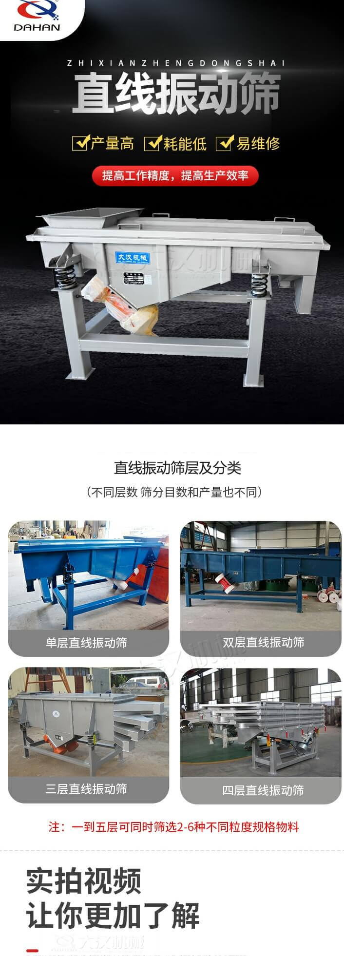 直線振動篩概述，產量高，耗能低，易維修，提高工作精度，提高生產效率，直線振動篩層級分類：不同層數，篩分目數和產量也不同：單層，雙層，三層，四層等。