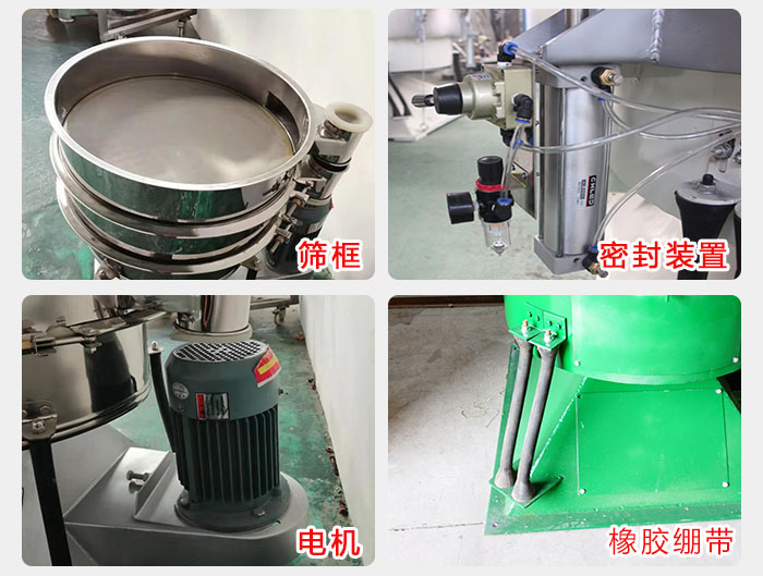 搖擺篩結構：電機，橡膠繃帶，篩框，密封裝置等。