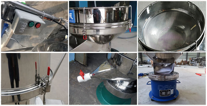 過濾篩細節展示：控制開關，篩框，出料口閥門，底座等